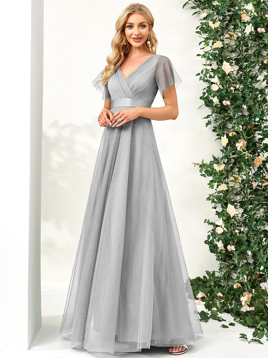 Color=Grey | Women's V-Neck A-Line Floor-Length Wholesale Bridesmaid Dresses-Grey 3