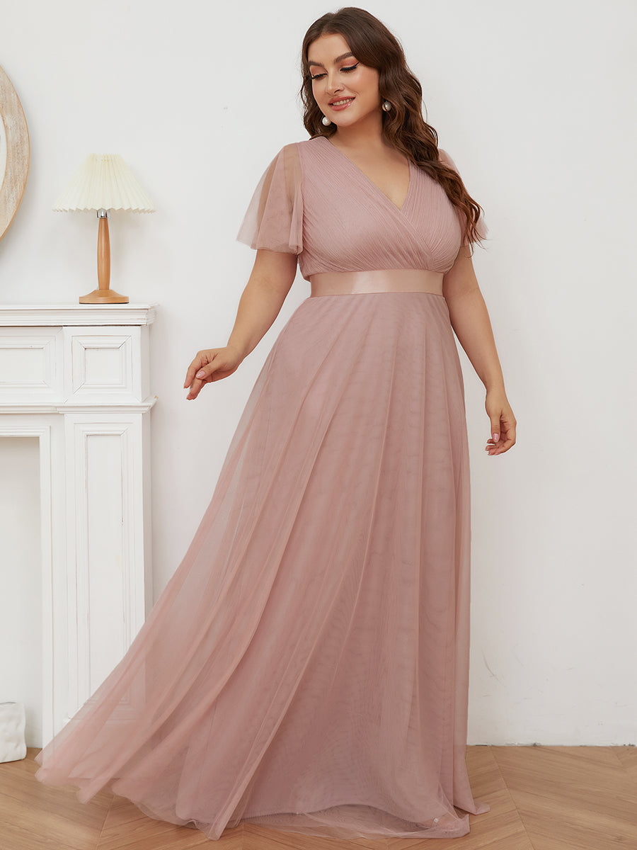 Color=Pink | Plus Size Women'S V-Neck A-Line Short Sleeve Floor-Length Bridesmaid Dresses Ep07962-Pink 3