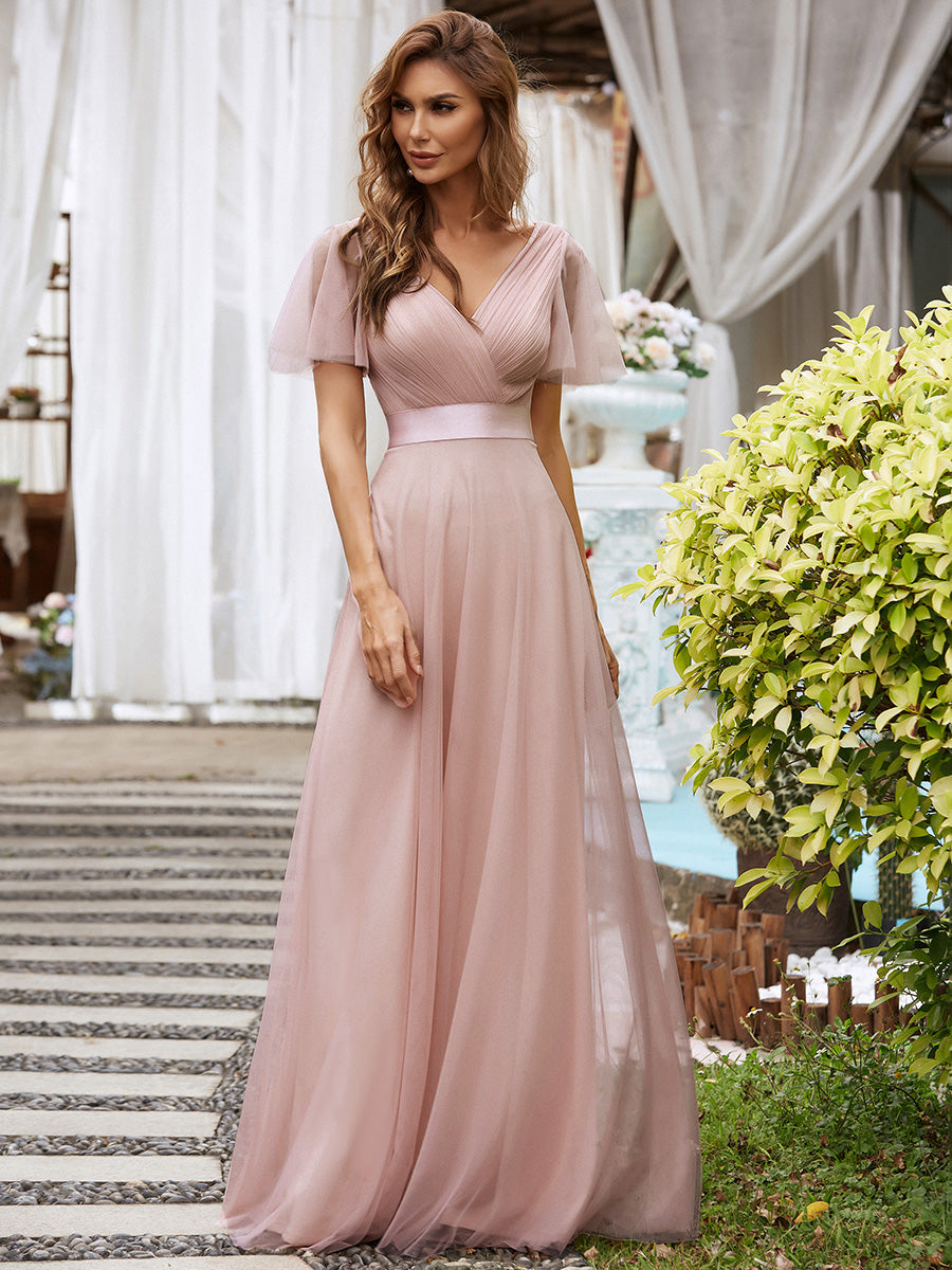 Color=Pink| Women's V-Neck A-Line Floor-Length Wholesale Bridesmaid Dresses-Pink 4