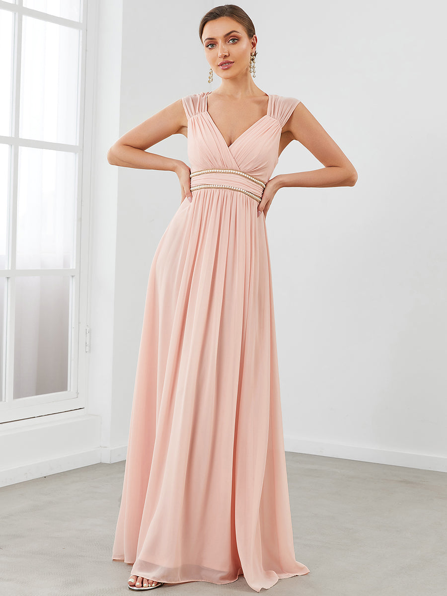 Color=Pink | Sleeveless Floor Length V Neck Wholesale Bridesmaid dresses-Pink 1