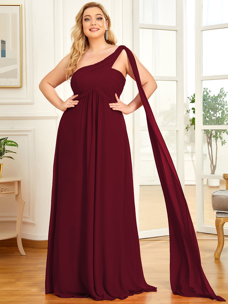 Color=Burgundy | One Shoulder Chiffon Ruffles Plus Size Long Evening Dresses-Burgundy 1