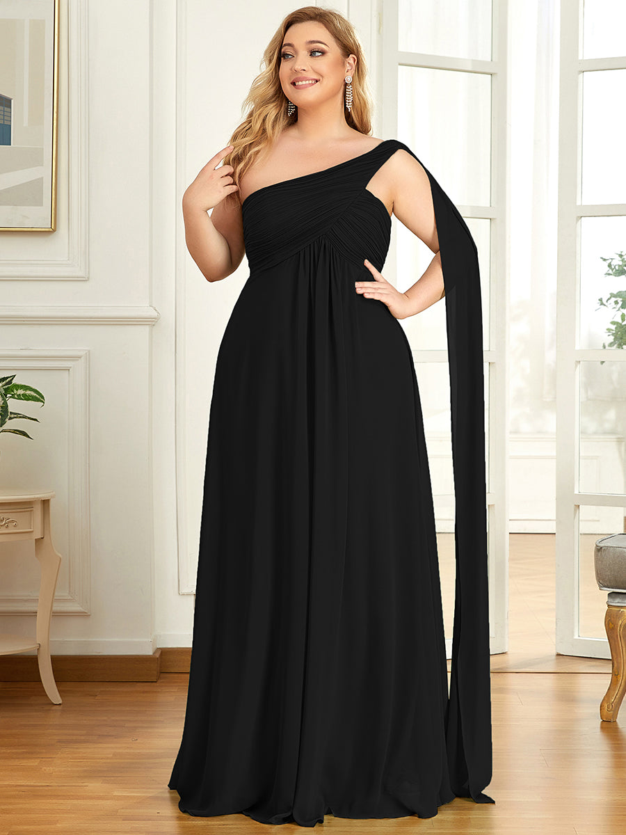 Color=Black | One Shoulder Chiffon Ruffles Plus Size Long Evening Dresses-Black 3