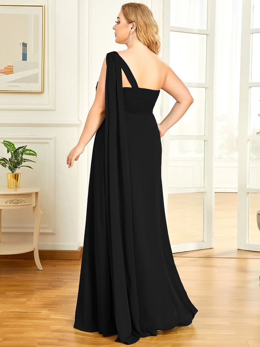 Color=Black | One Shoulder Chiffon Ruffles Plus Size Long Evening Dresses-Black 2