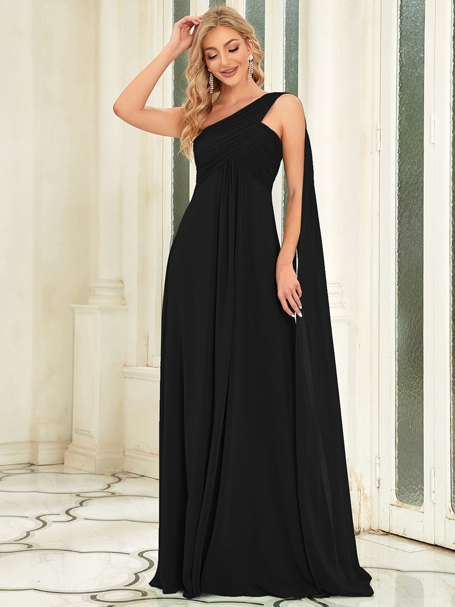 Color=Black | One Shoulder Chiffon Ruffles Long Evening Dresses for Wholesale-Black 1