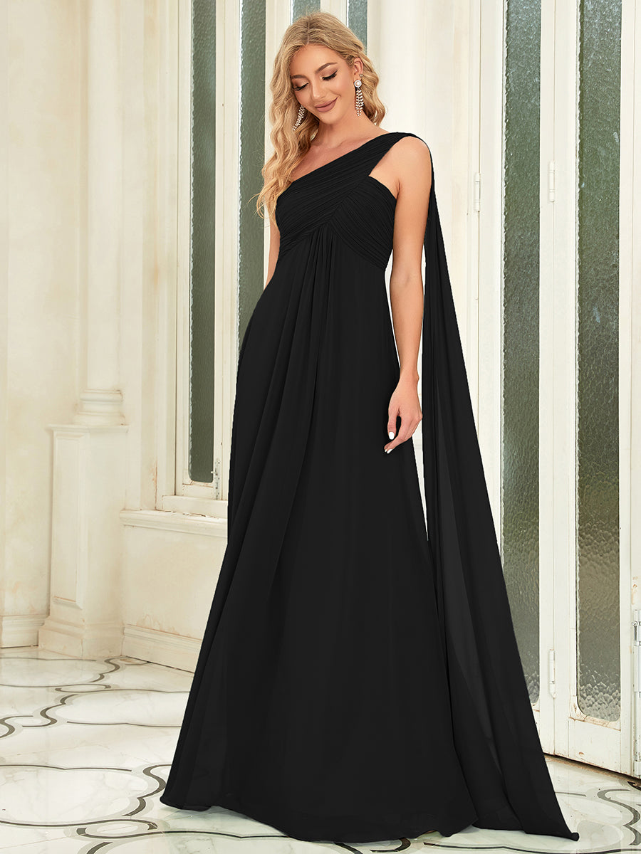 Color=Black | One Shoulder Chiffon Ruffles Long Evening Dresses for Wholesale-Black 4