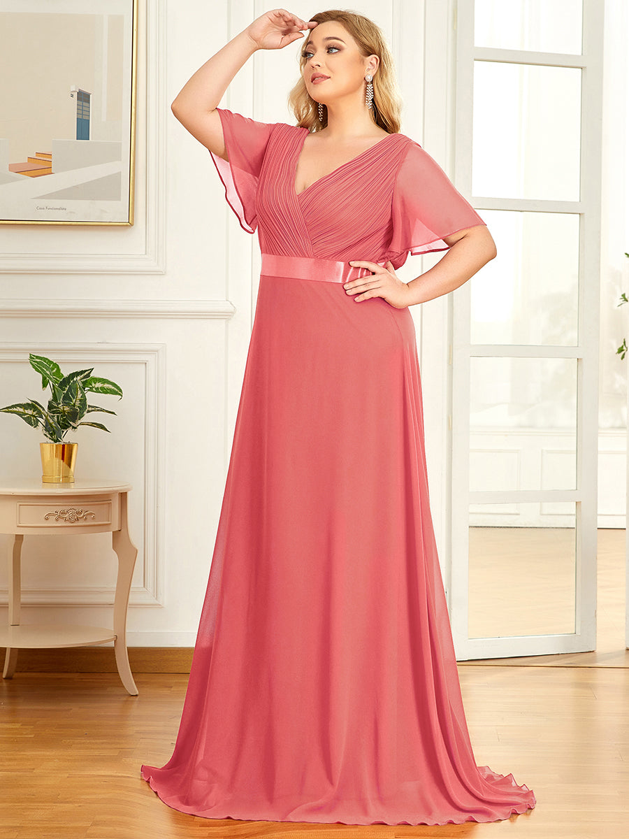 Double V-Neck Ruffles Padded Plus Size Wholesale Evening Dresses #Color_Coral