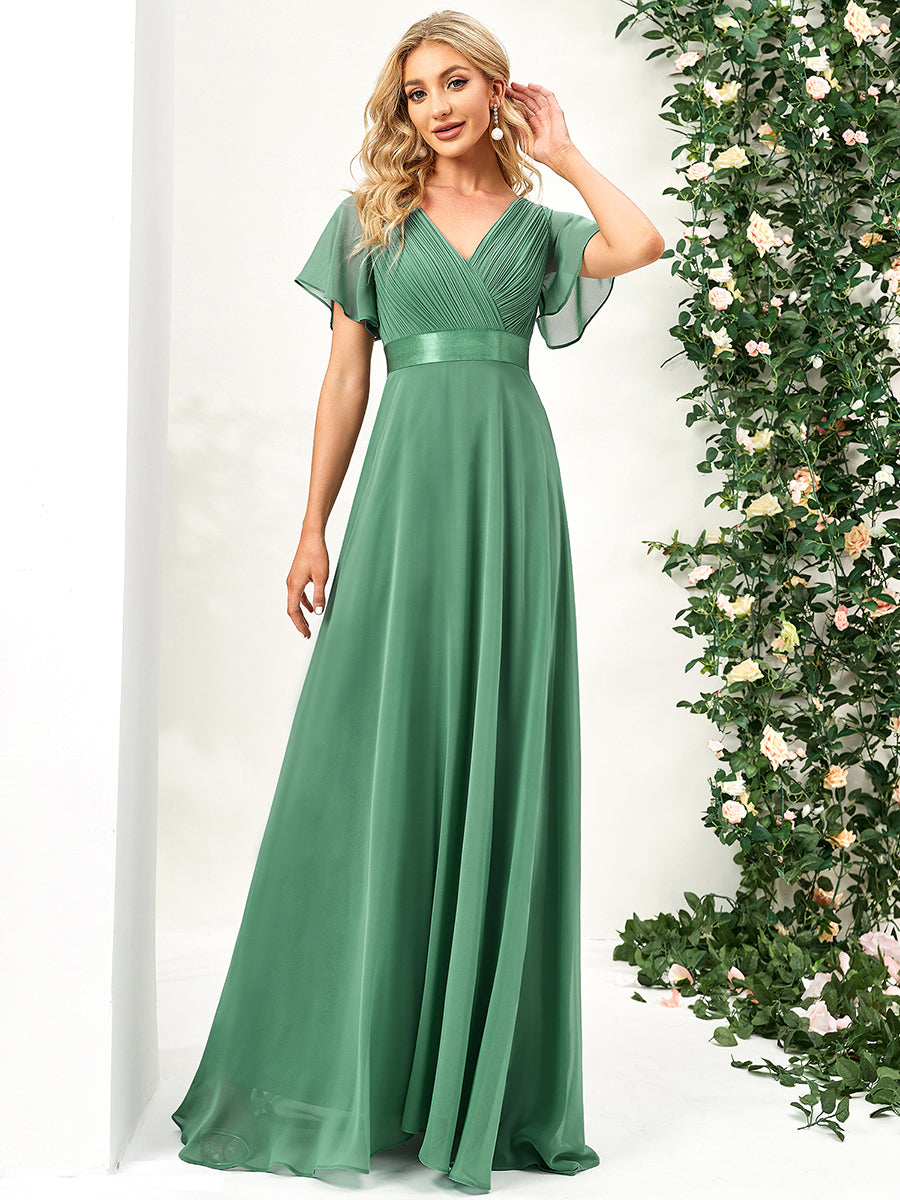 COLOR=Green Bean | Long Empire Waist Evening Dress With Short Flutter Sleeves-Green Bean 5