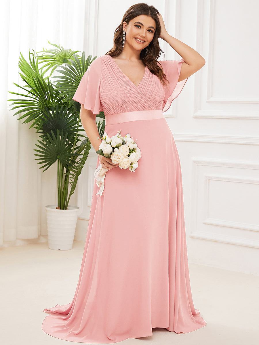Double V-Neck Ruffles Padded Plus Size Wholesale Evening Dresses #Color_Pink 