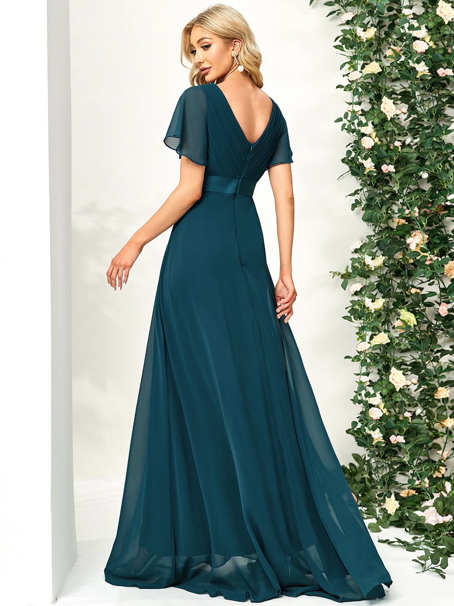 Glamorous Double V-Neck Ruffles Padded Wholesale Chiffon Evening Dresses #Color_Teal