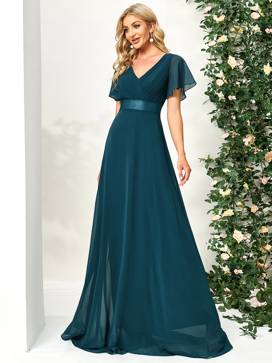 Glamorous Double V-Neck Ruffles Padded Wholesale Chiffon Evening Dresses #Color_Teal