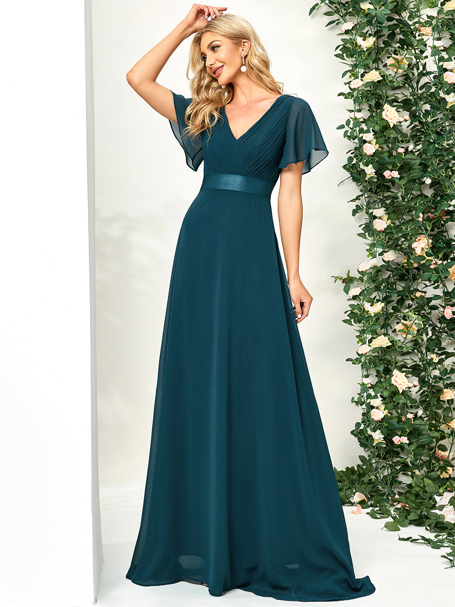Glamorous Double V-Neck Ruffles Padded Wholesale Chiffon Evening Dresses #Color_Teal