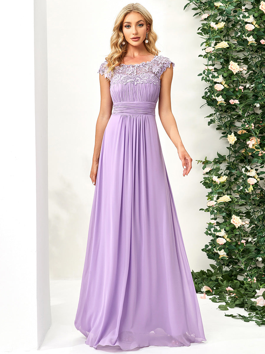 Color=Lavender | Lacey Neckline Open Back Ruched Bust Evening Dresses-Lavender 1