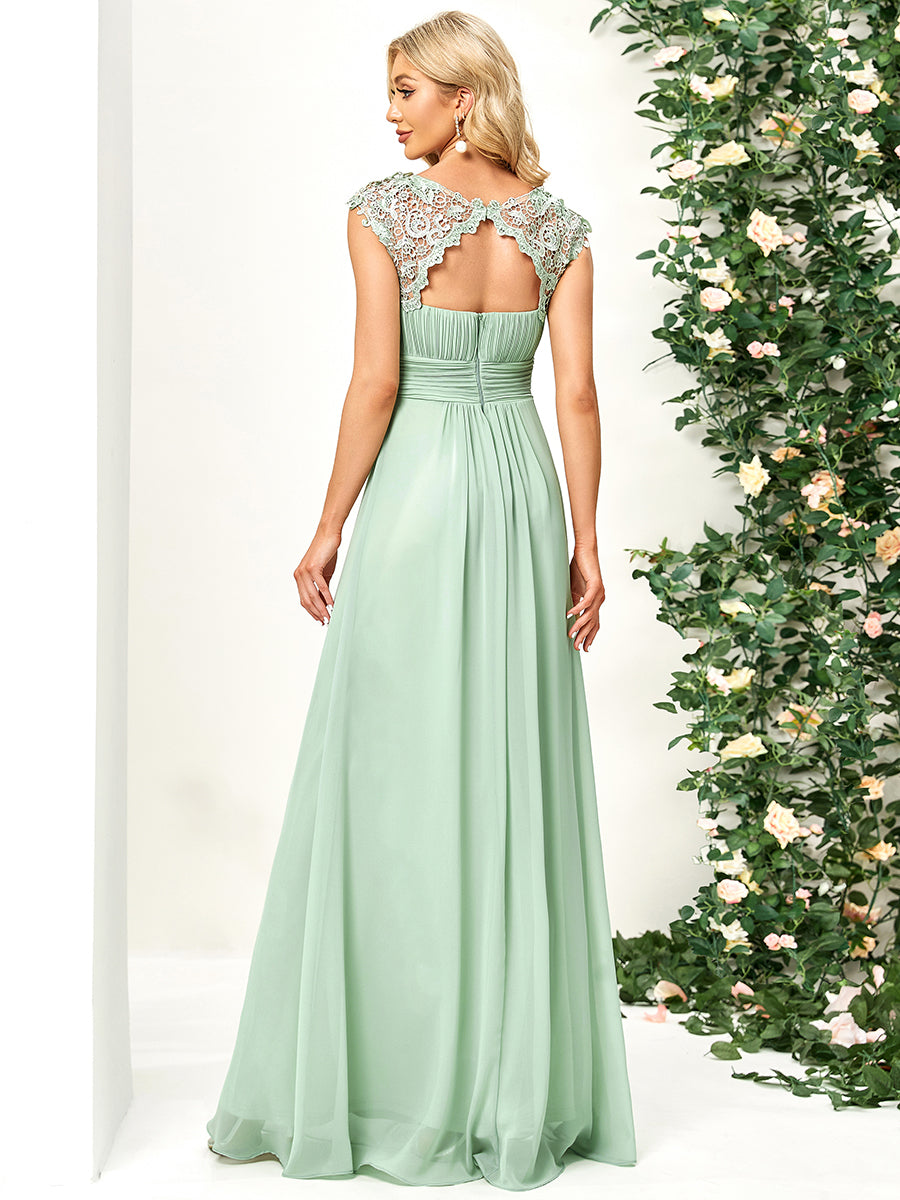 Color=Mint Green | Lacey Neckline Open Back Ruched Bust Evening Dresses-Mint Green 2