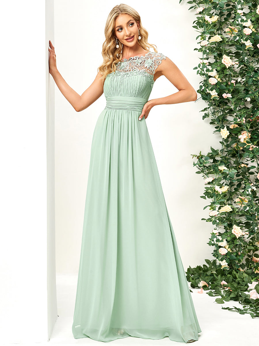 Color=Mint Green | Lacey Neckline Open Back Ruched Bust Evening Dresses-Mint Green 3