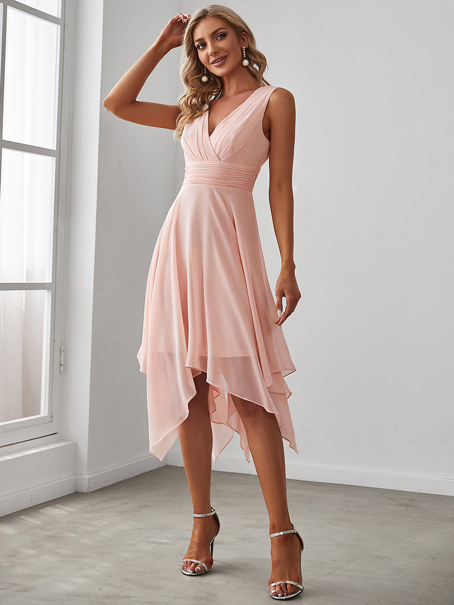 Color=Pink | Wholesale Knee Length Chiffon Bridesmaid Dress With Irregular Hem-Pink 1