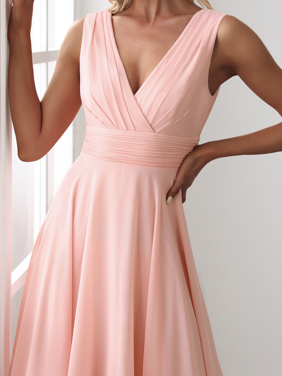 Color=Pink | Wholesale Knee Length Chiffon Bridesmaid Dress With Irregular Hem-Pink 45