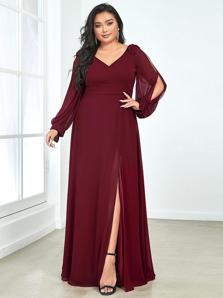 Color=Burgundy | Long Lantern Sleeves A Line V Neck Wholesale Bridesmaid Dresses-Burgundy 1