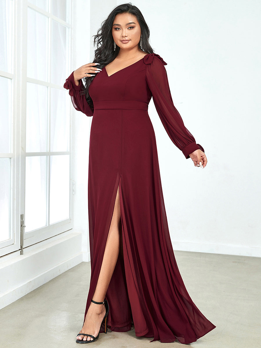 Color=Burgundy | Long Lantern Sleeves A Line V Neck Wholesale Bridesmaid Dresses-Burgundy 3
