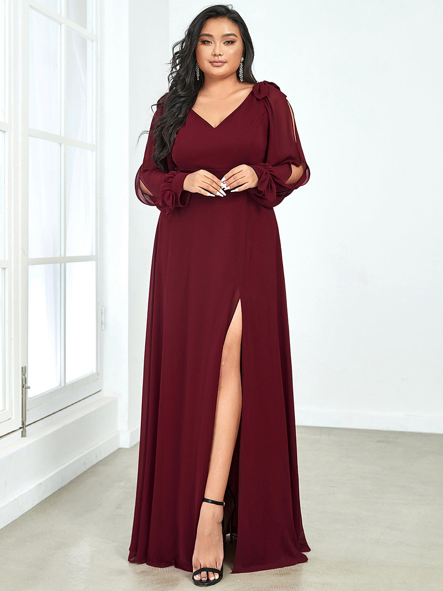 Color=Burgundy | Long Lantern Sleeves A Line V Neck Wholesale Bridesmaid Dresses-Burgundy 4