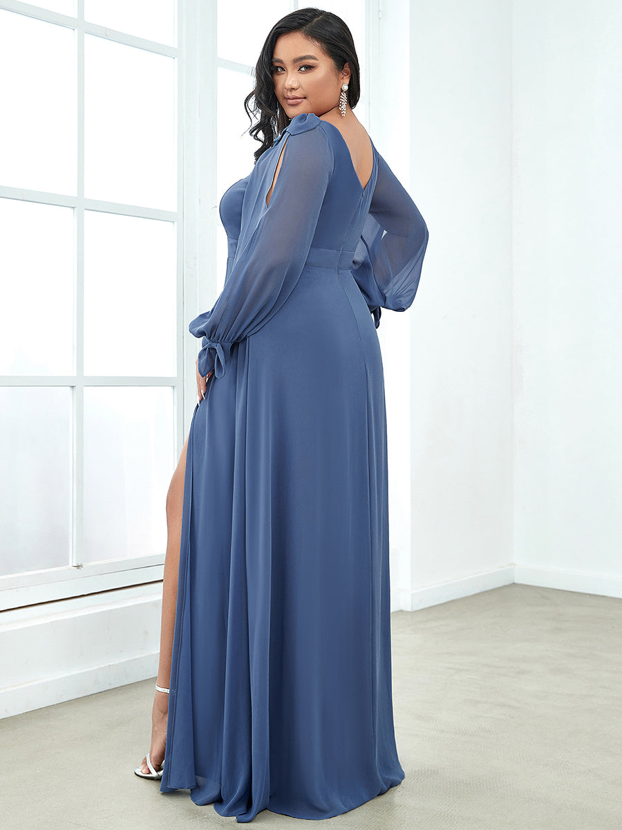 Color=Dusty Blue | Long Lantern Sleeves A Line V Neck Wholesale Bridesmaid Dresses-Dusty Blue 2
