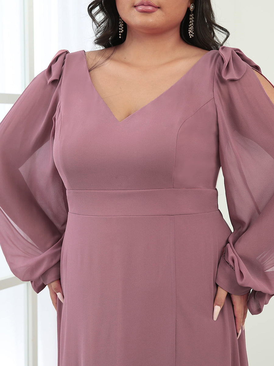 Color=Orchid | Long Lantern Sleeves A Line V Neck Wholesale Bridesmaid Dresses-Orchid 5
