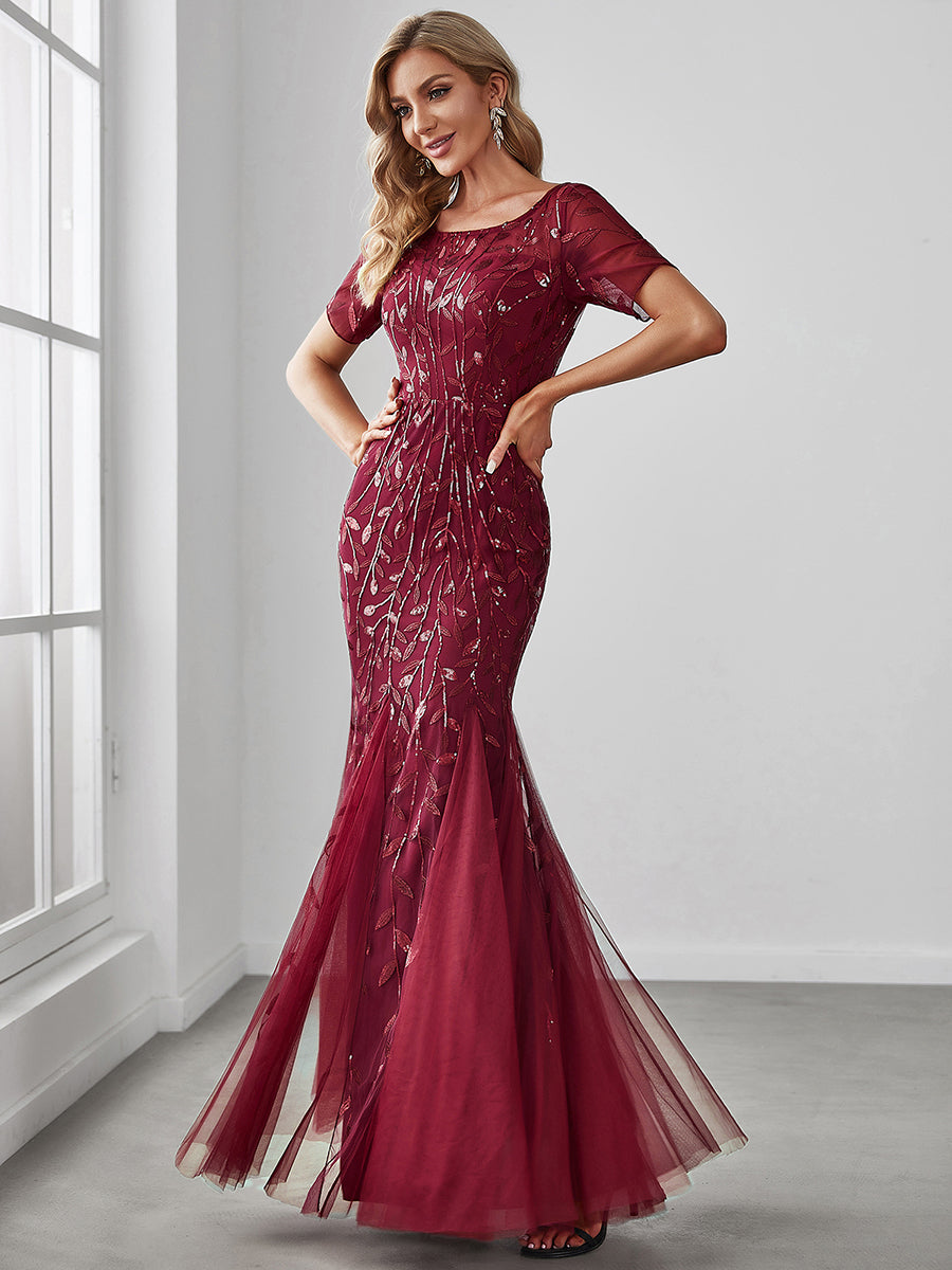 Color=Burgundy | Women'S Floral Sequin Print Fishtail Tulle Dresses For Party-Burgundy 3