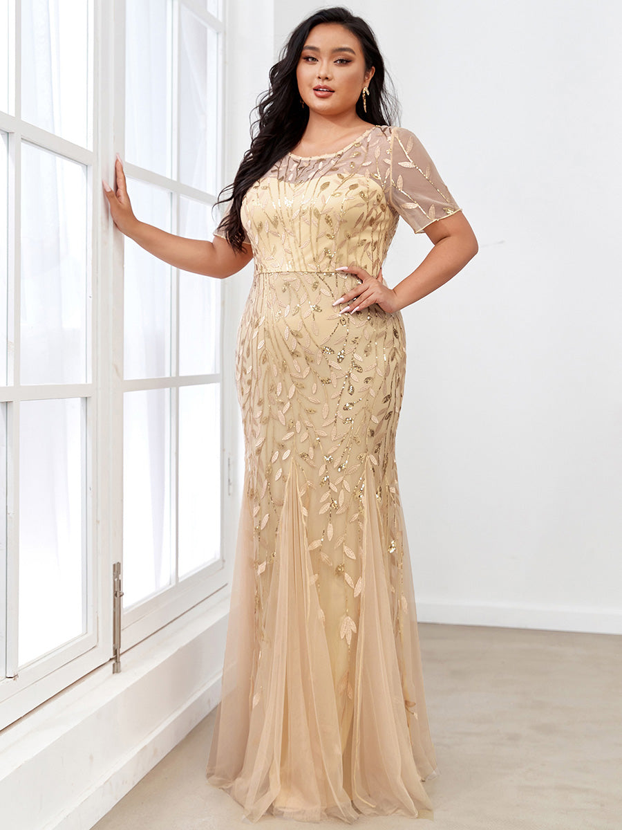 Color=Gold | Plus Size Floral Sequin Print Fishtail Tulle Dresses for Party-Gold 3