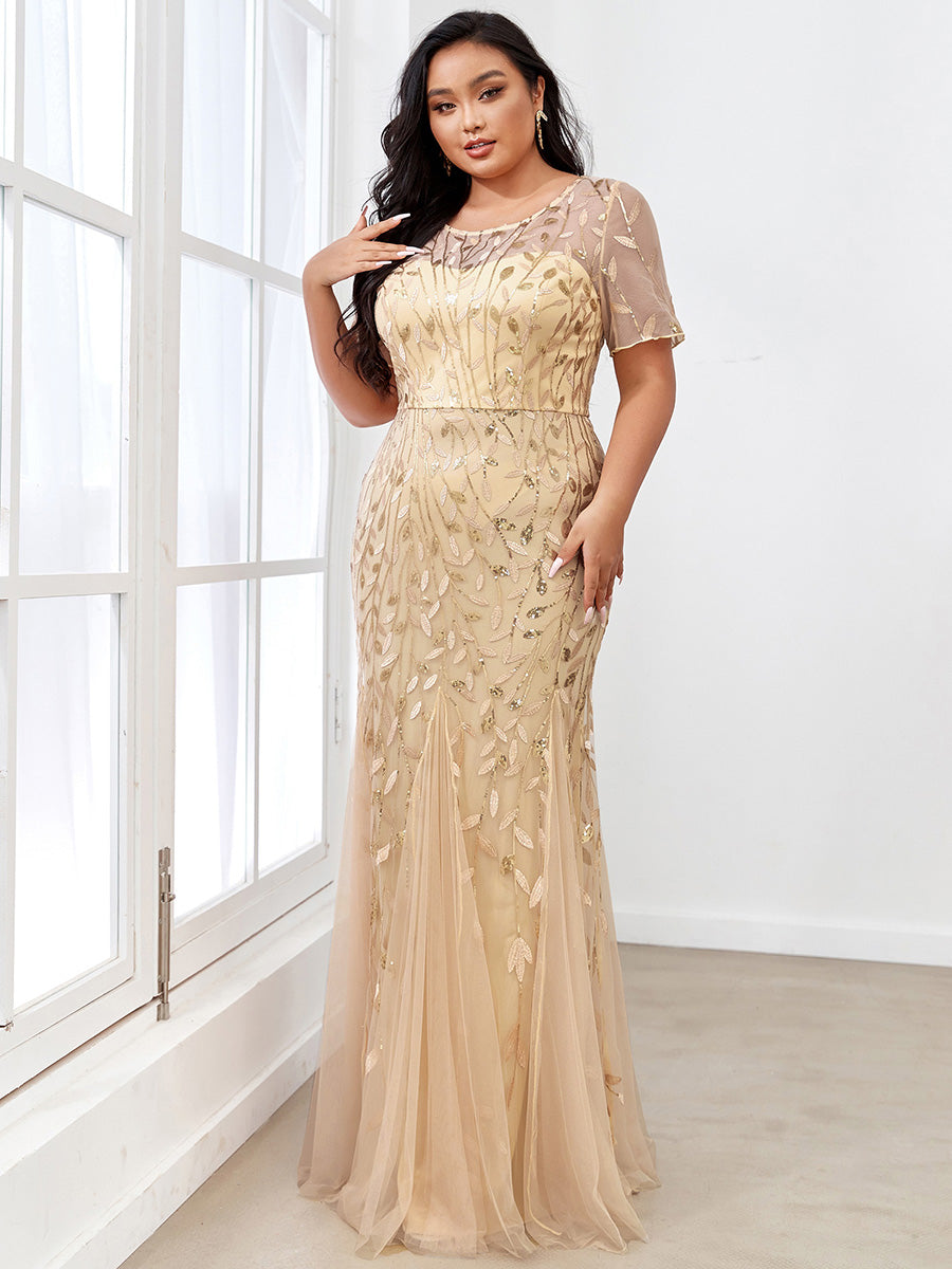 Color=Gold | Plus Size Floral Sequin Print Fishtail Tulle Dresses for Party-Gold 4