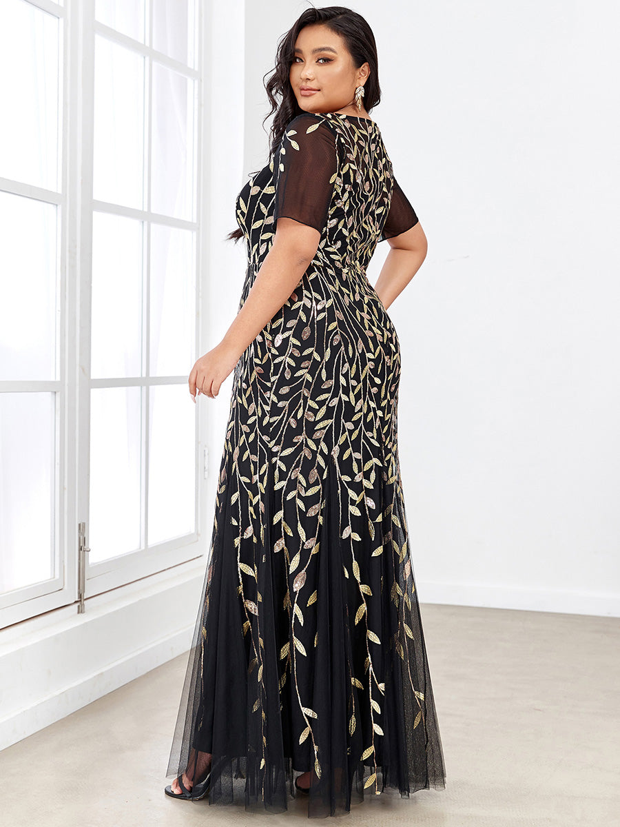 Color=Black & Gold | Plus Size Floral Sequin Print Fishtail Tulle Dresses for Party-Black & Gold 2