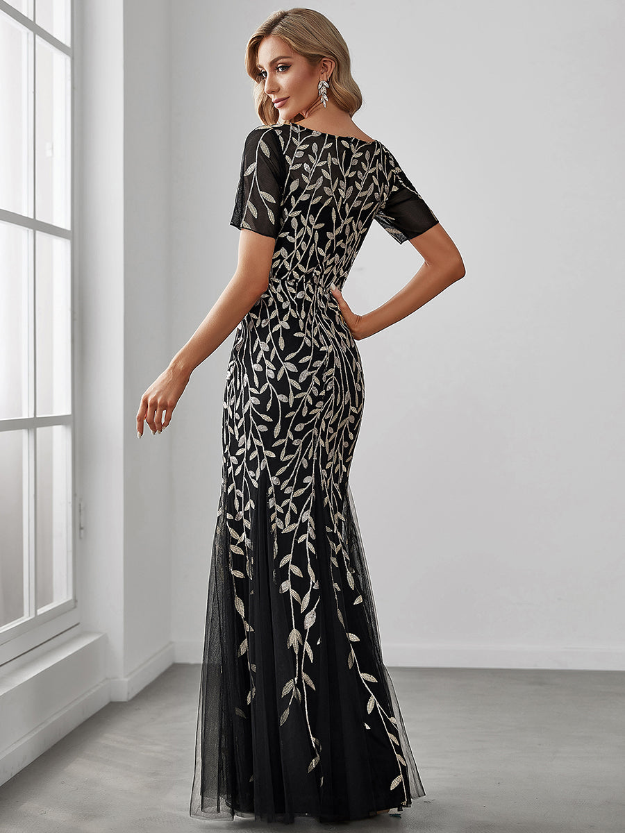 COLOR=Black & Gold | Floral Sequin Print Maxi Long Fishtail Tulle Dresses With Half Sleeve-Black & Gold 2