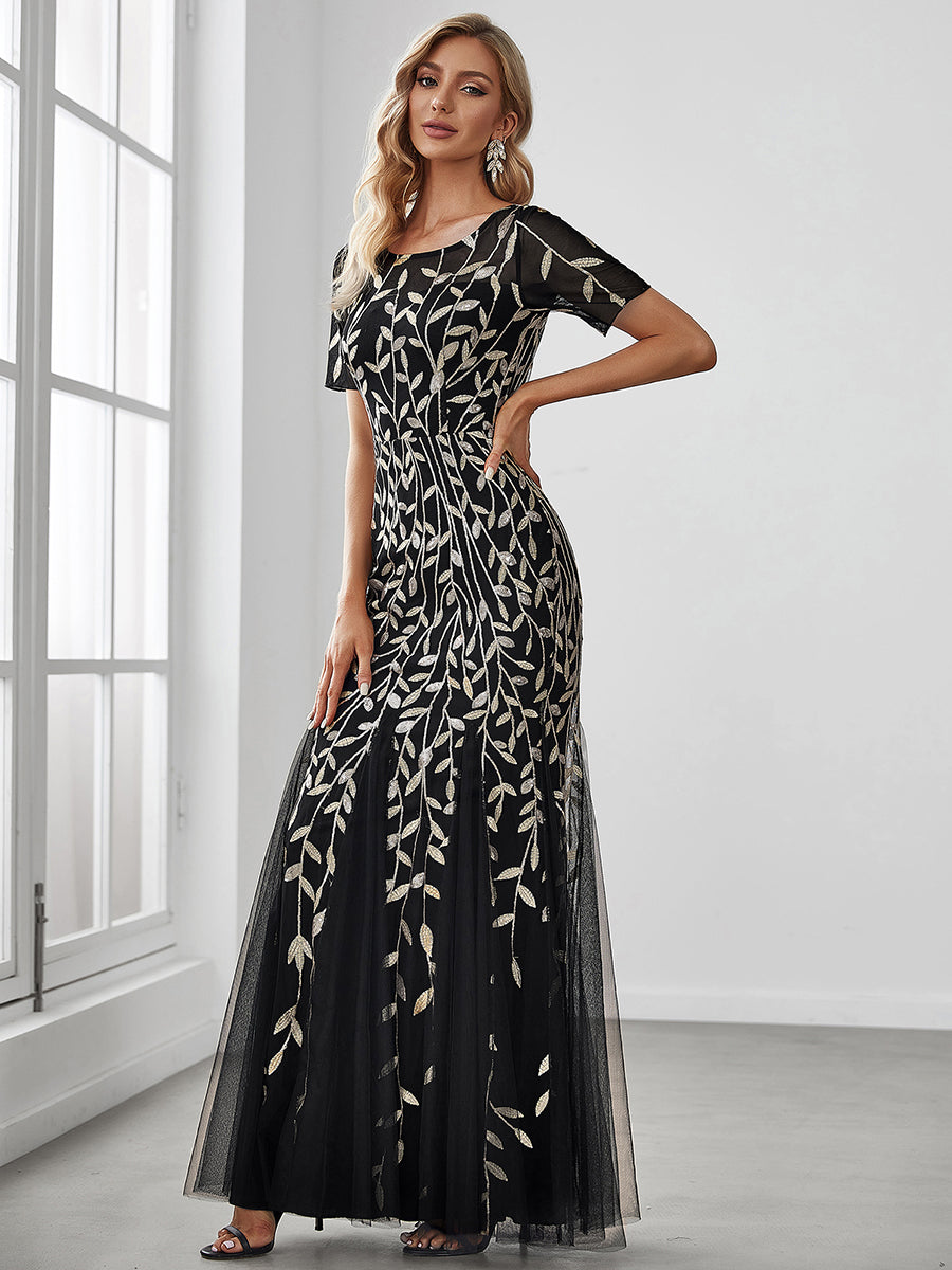 COLOR=Black & Gold | Floral Sequin Print Maxi Long Fishtail Tulle Dresses With Half Sleeve-Black & Gold 3