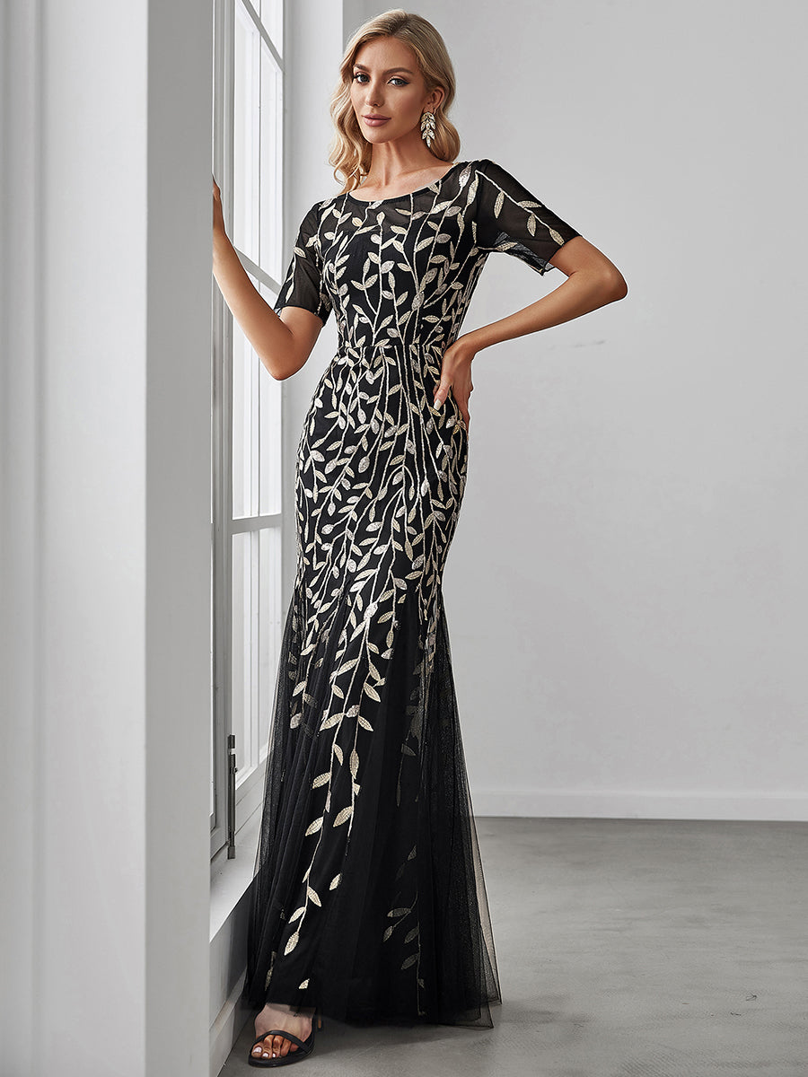 COLOR=Black & Gold | Floral Sequin Print Maxi Long Fishtail Tulle Dresses With Half Sleeve-Black & Gold 4