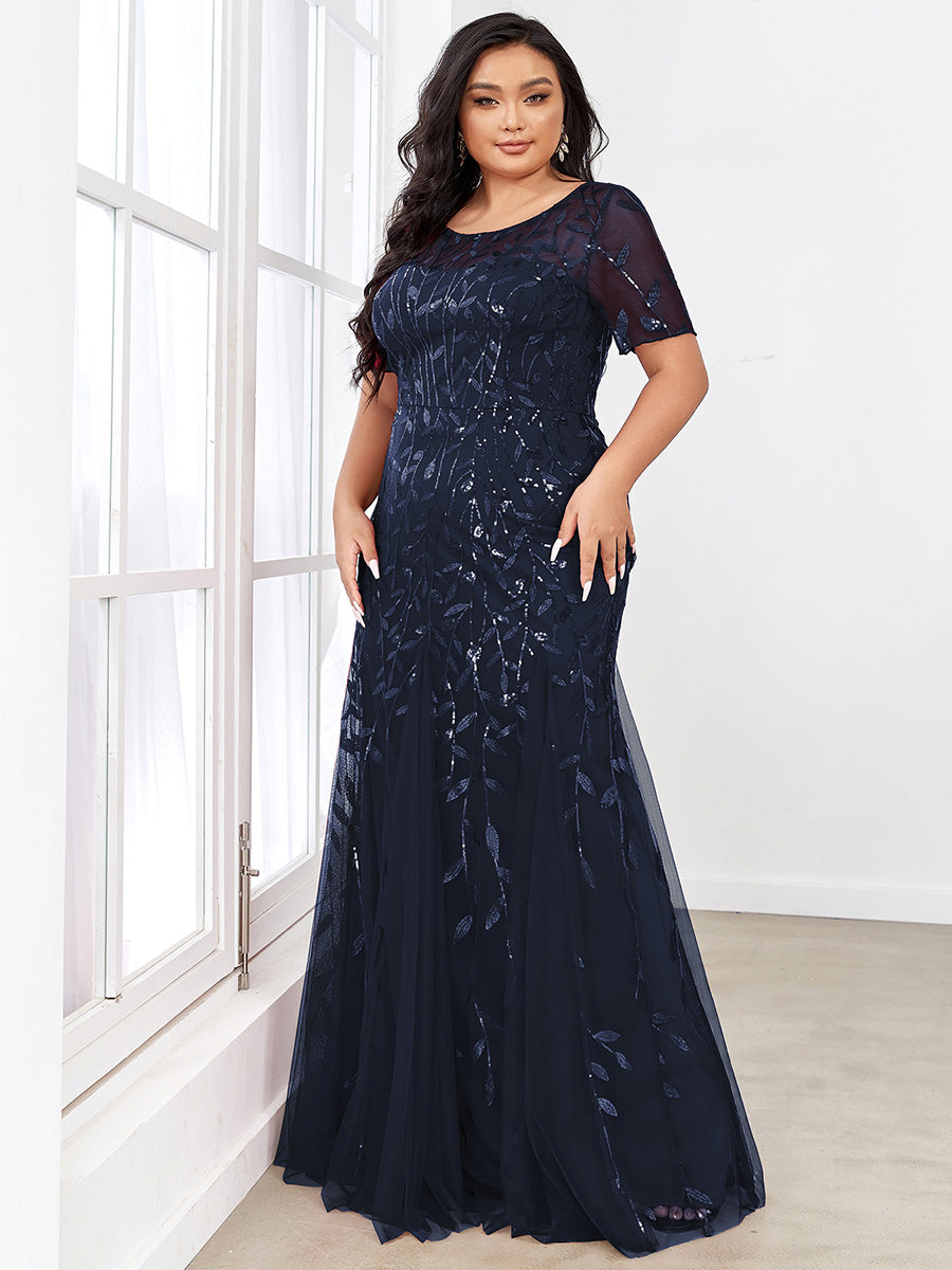 Color=Navy Blue | Plus Size Floral Sequin Print Fishtail Tulle Dresses for Party-Navy Blue 4