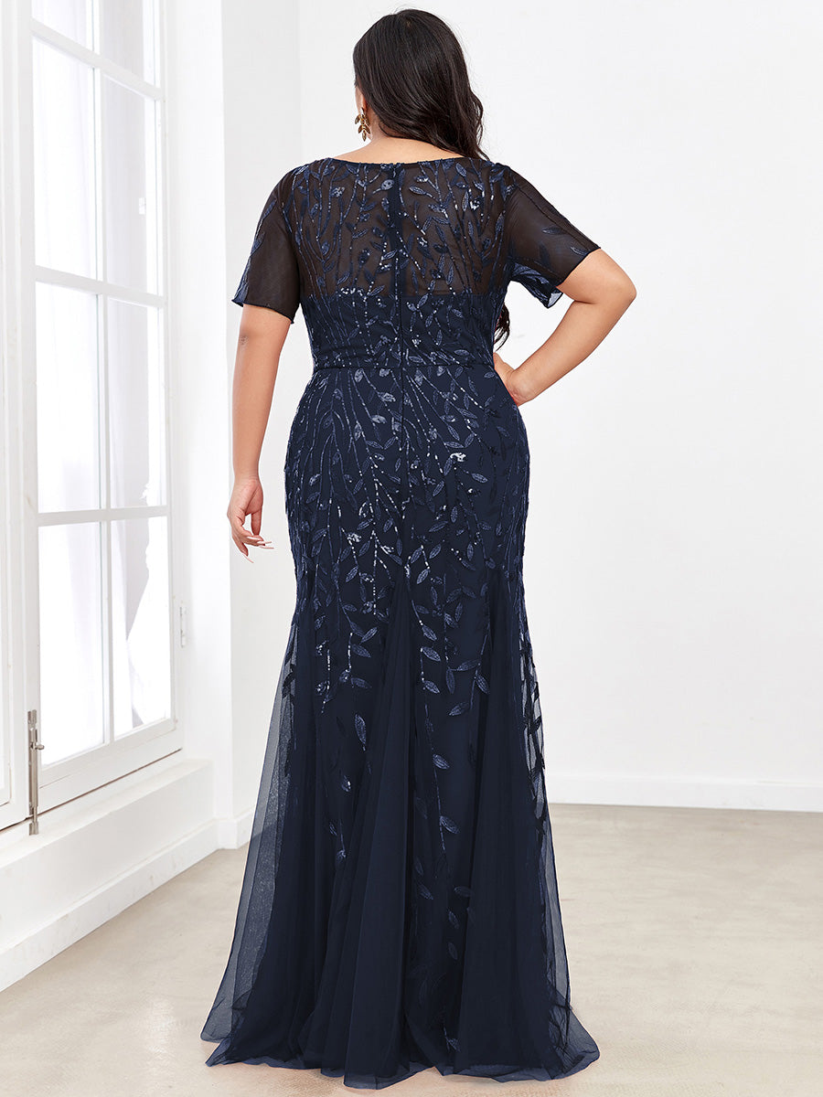 Color=Navy Blue | Plus Size Floral Sequin Print Fishtail Tulle Dresses for Party-Navy Blue 2