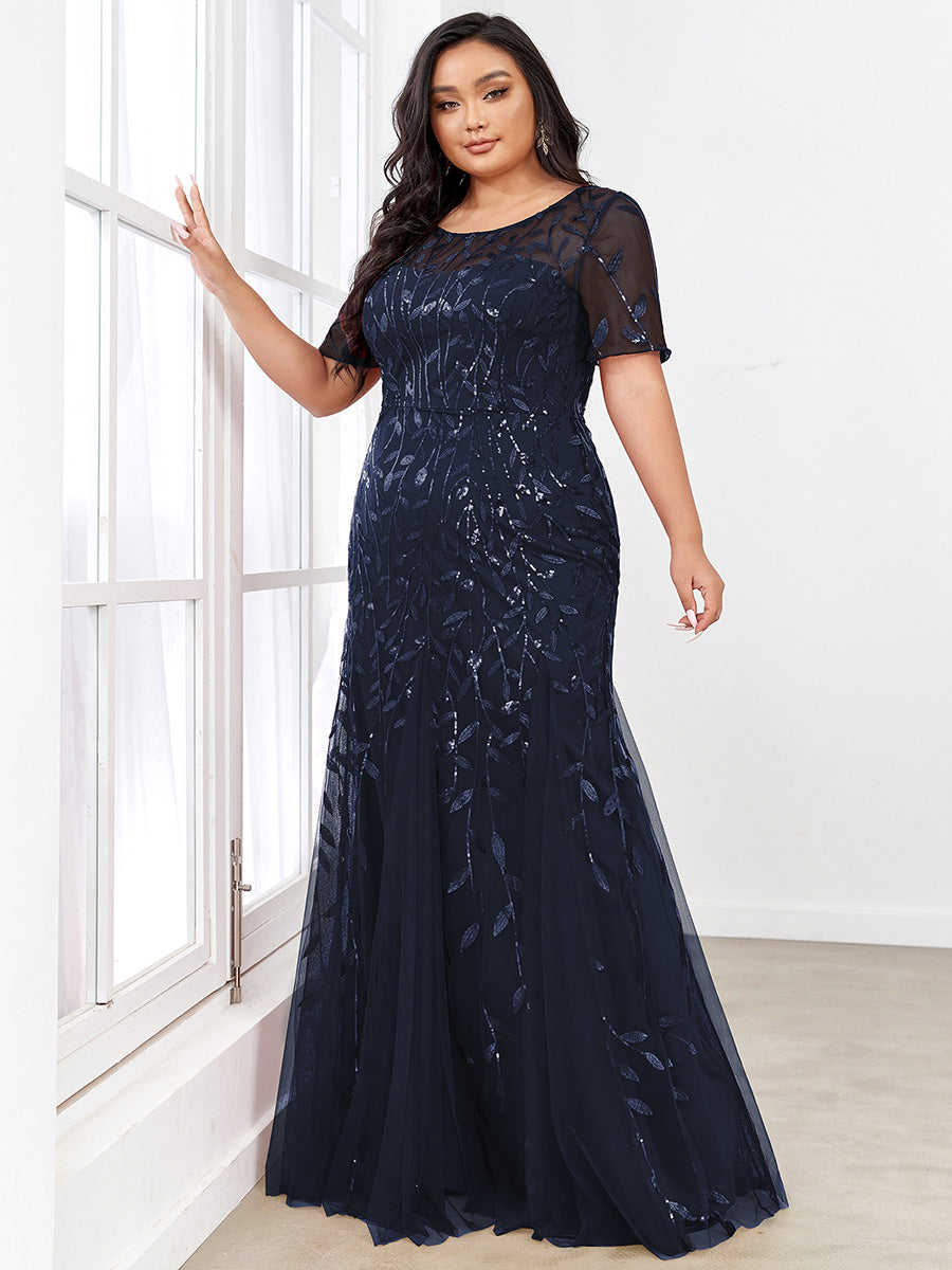Color=Navy Blue | Plus Size Floral Sequin Print Fishtail Tulle Dresses for Party-Navy Blue 3