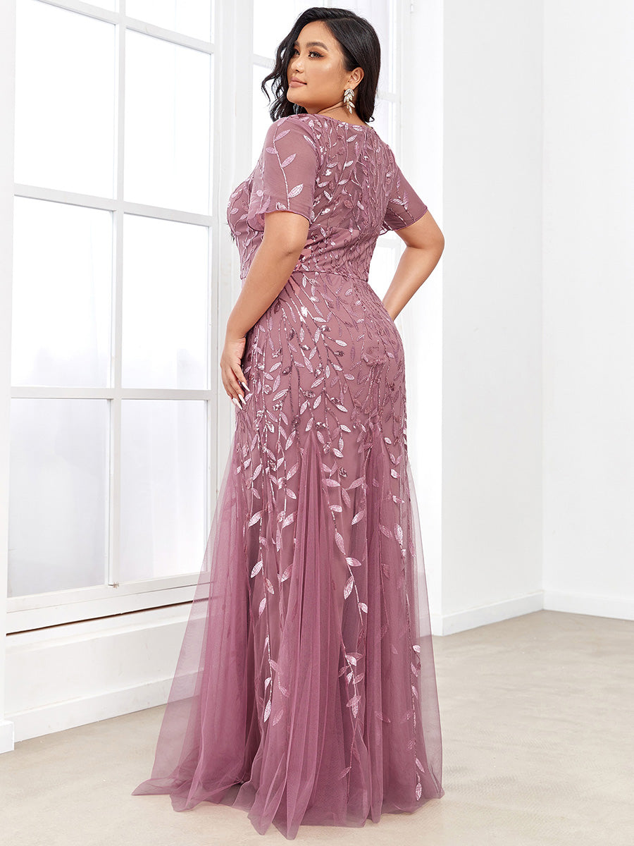 Color=Orchid | Plus Size Floral Sequin Print Fishtail Tulle Dresses for Party-Orchid 2