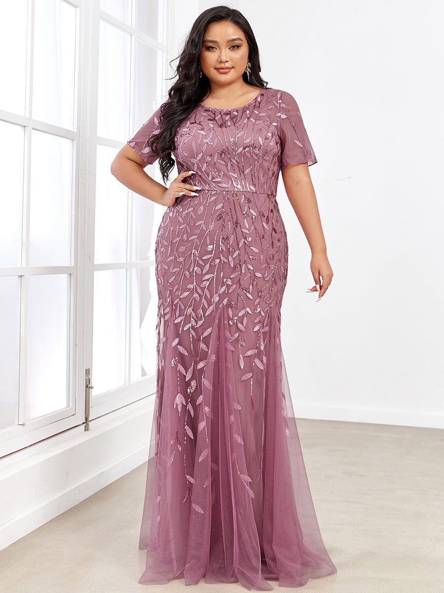 Color=Orchid | Plus Size Floral Sequin Print Fishtail Tulle Dresses for Party-Orchid 3