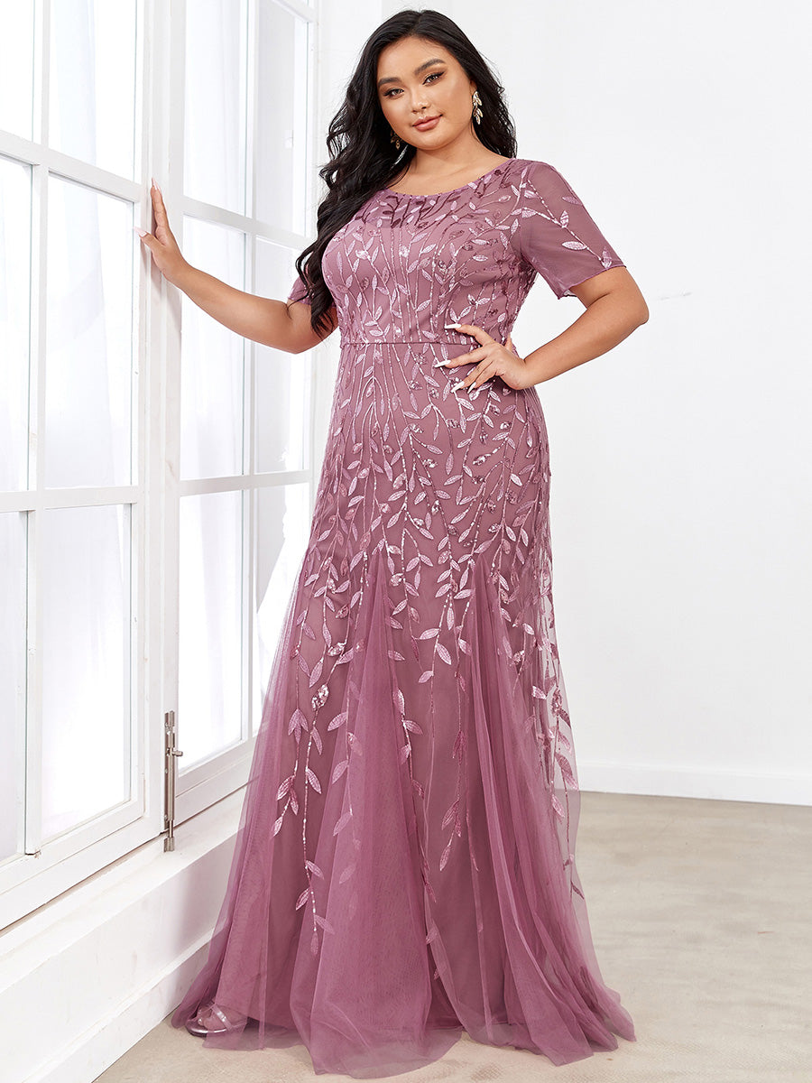 Color=Orchid | Plus Size Floral Sequin Print Fishtail Tulle Dresses for Party-Orchid 4