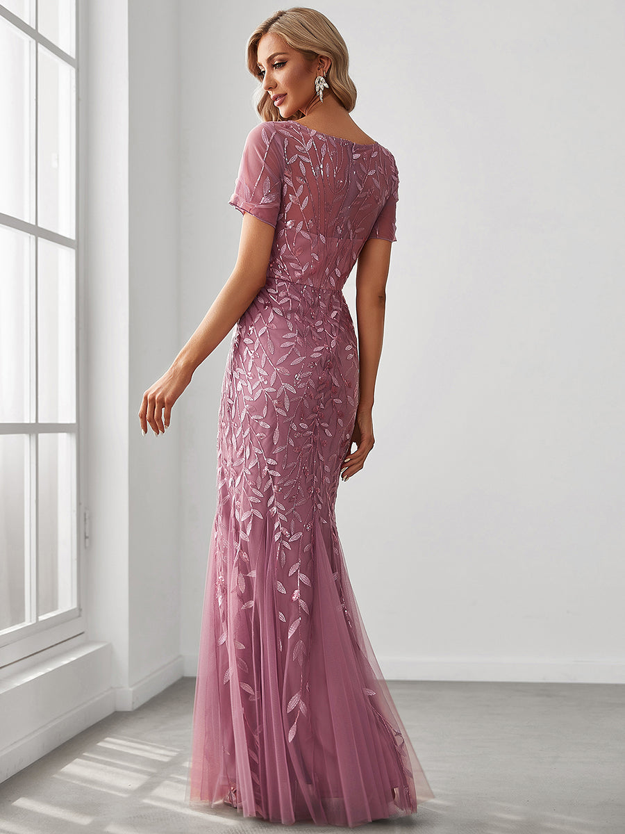 Color=Orchid | Women'S Floral Sequin Print Fishtail Tulle Dresses For Party-Orchid 2