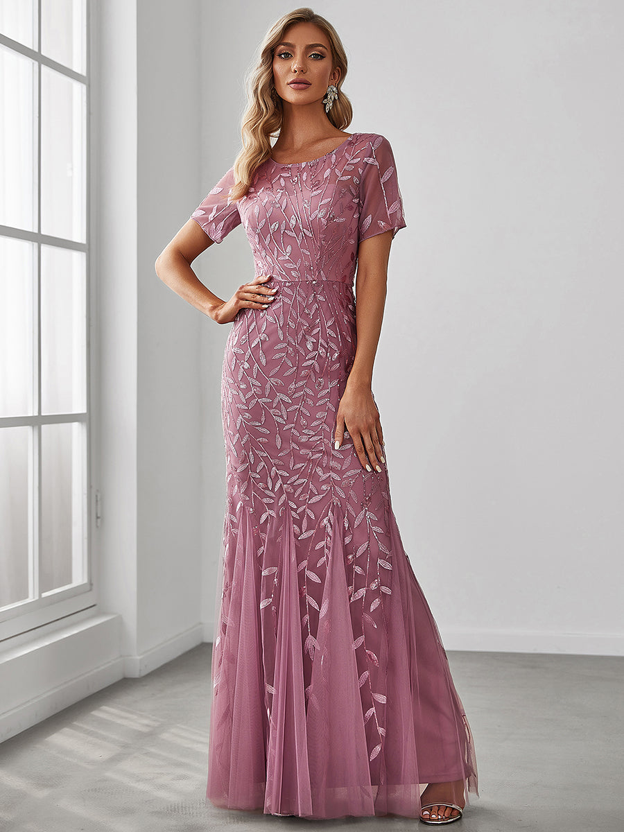 Color=Orchid | Women'S Floral Sequin Print Fishtail Tulle Dresses For Party-Orchid 3