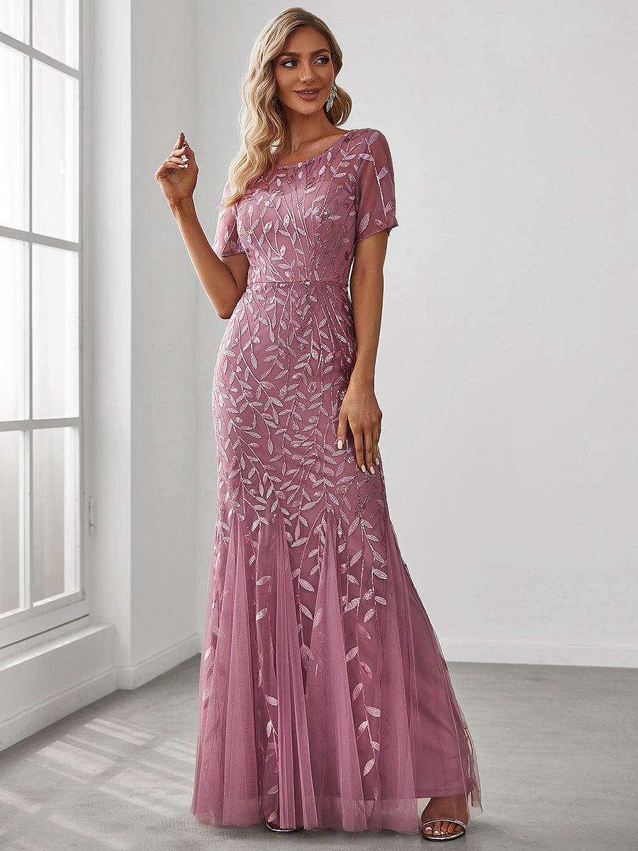 Color=Orchid | Women'S Floral Sequin Print Fishtail Tulle Dresses For Party-Orchid 4