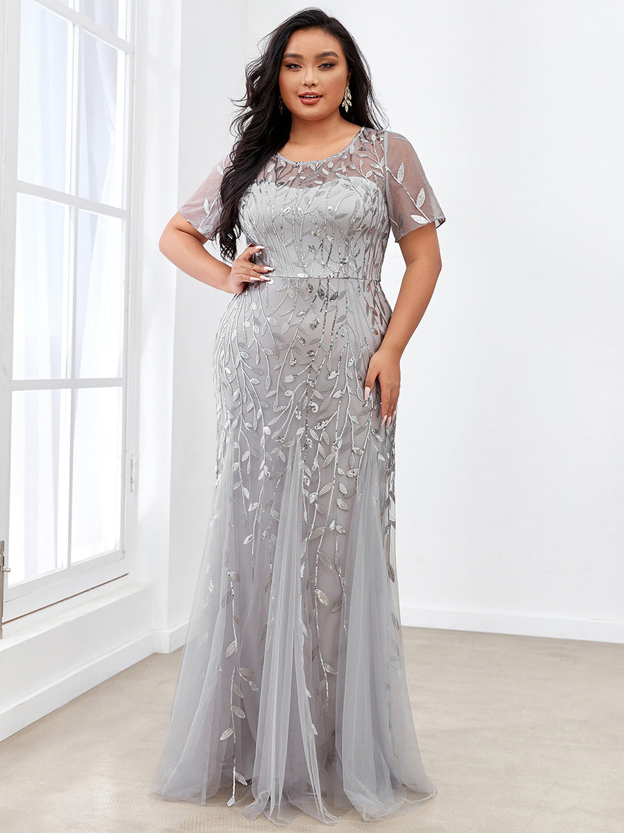 Color=Silver | Plus Size Floral Sequin Print Fishtail Tulle Dresses for Party-Silver 1