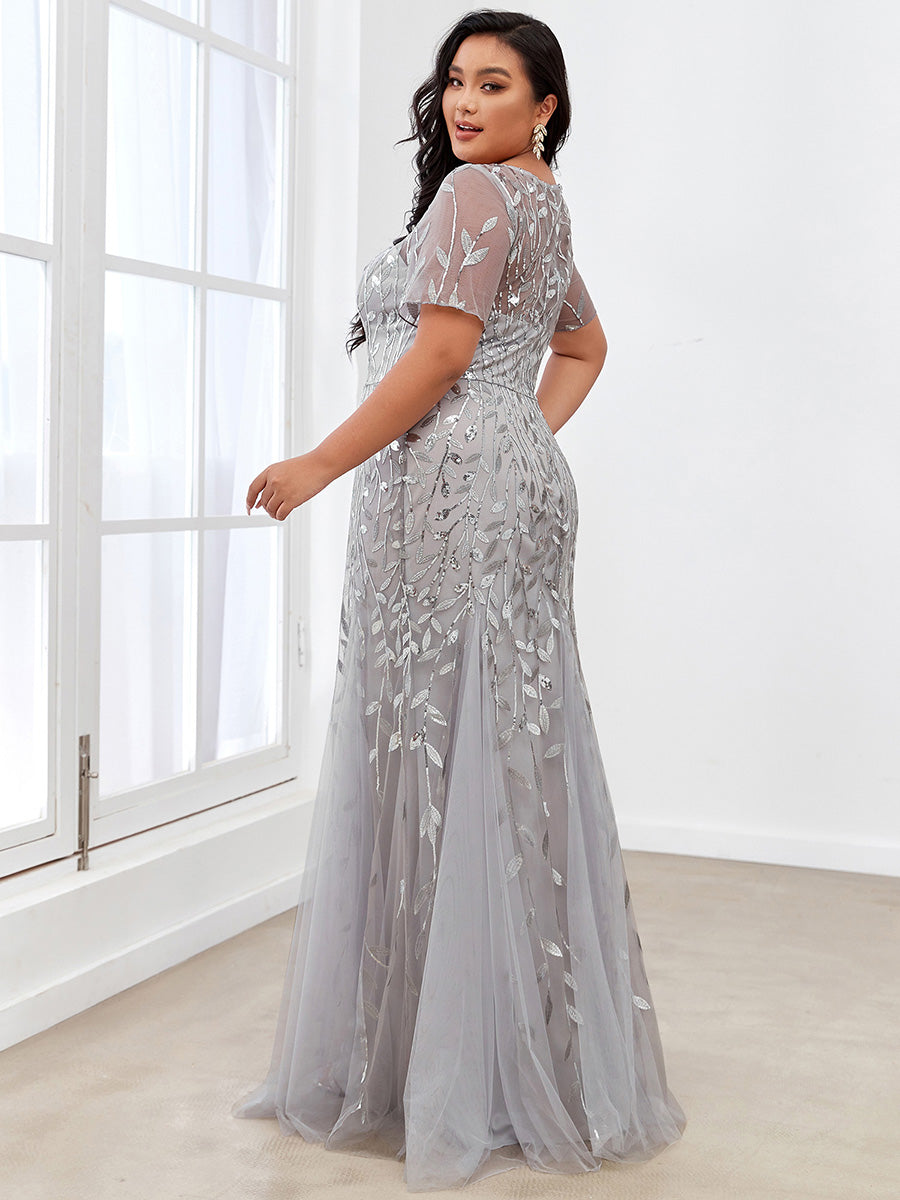 Color=Silver | Plus Size Floral Sequin Print Fishtail Tulle Dresses for Party-Silver 2