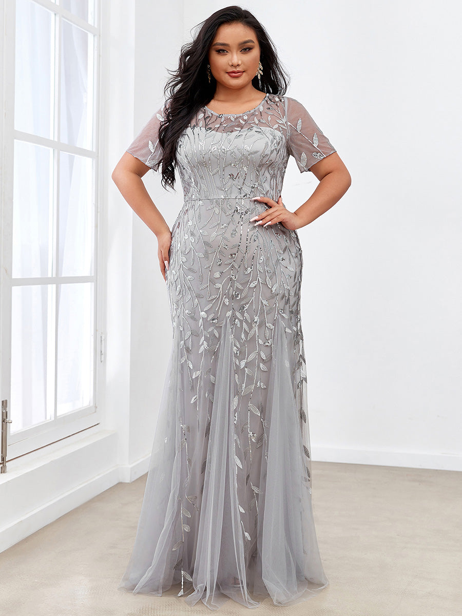 Color=Silver | Plus Size Floral Sequin Print Fishtail Tulle Dresses for Party-Silver 3