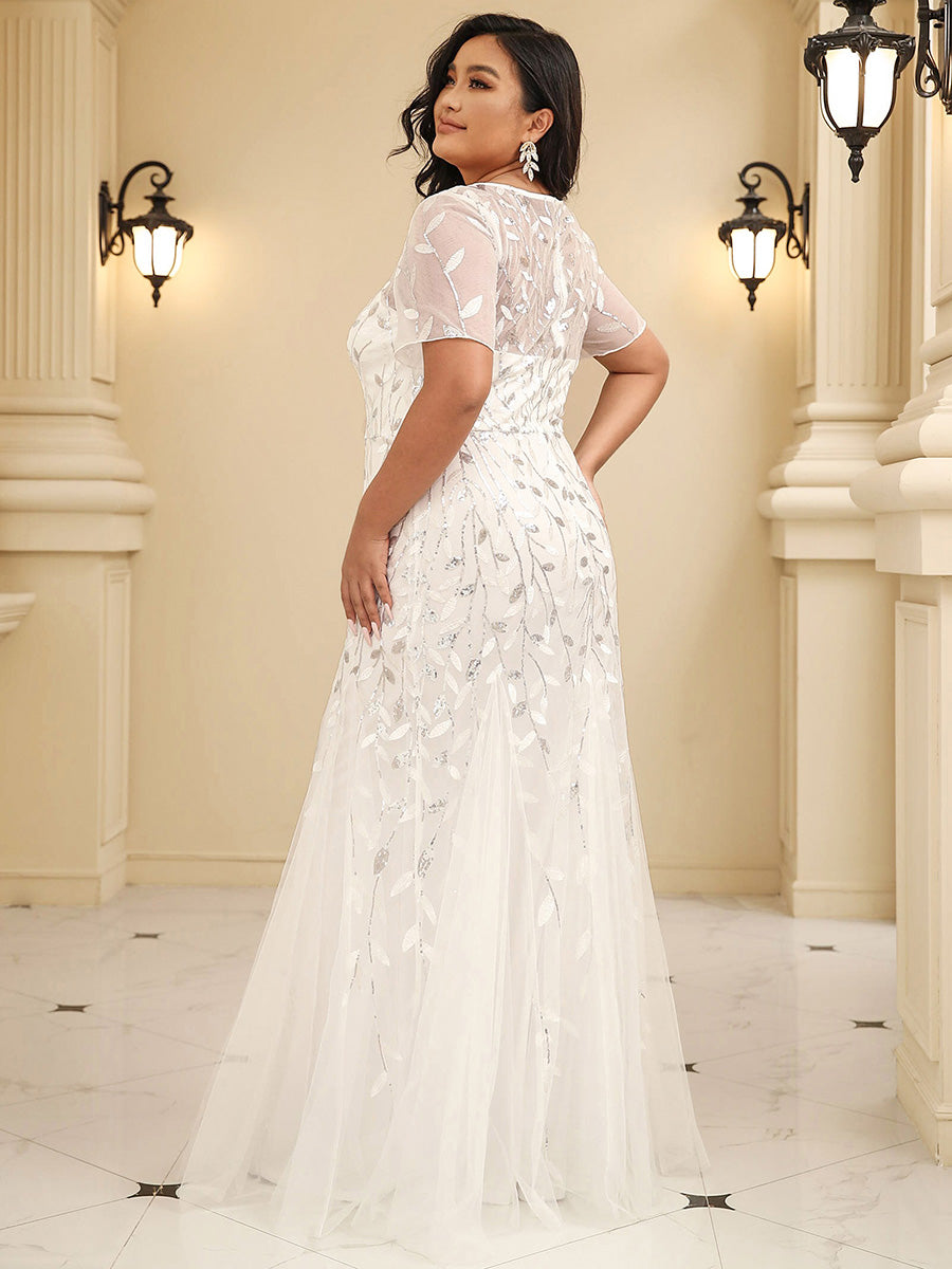 Color=White | Plus Size Floral Sequin Print Fishtail Tulle Dresses for Party-White 2