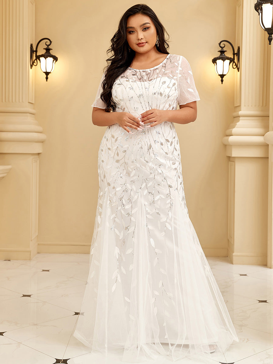 Color=White | Plus Size Floral Sequin Print Fishtail Tulle Dresses for Party-White 3
