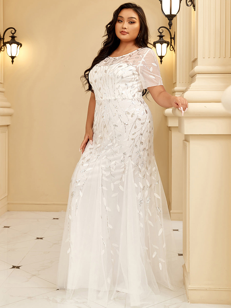 Color=White | Plus Size Floral Sequin Print Fishtail Tulle Dresses for Party-White 4