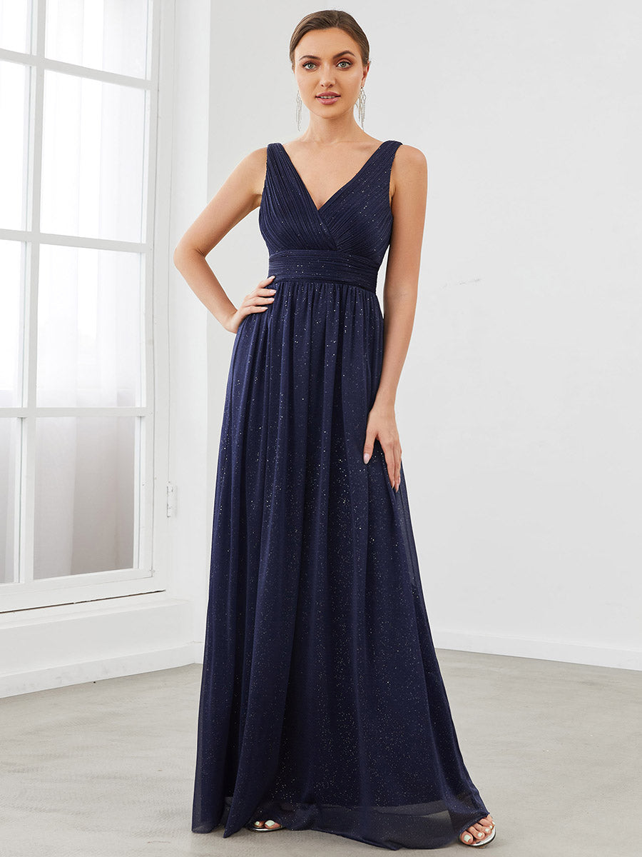 Color=Navy Blue | Double V Neck Floor Length Sparkly Wholesale Evening Dresses for Party-Navy Blue 1