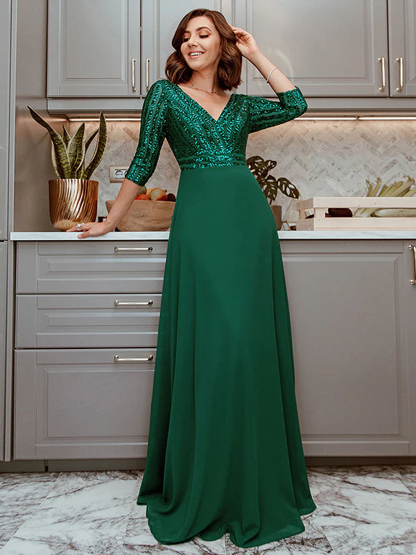 Plus Size Lace Bodice Long Flowy Evening Dress with Deep V Neck - Ever- Pretty US