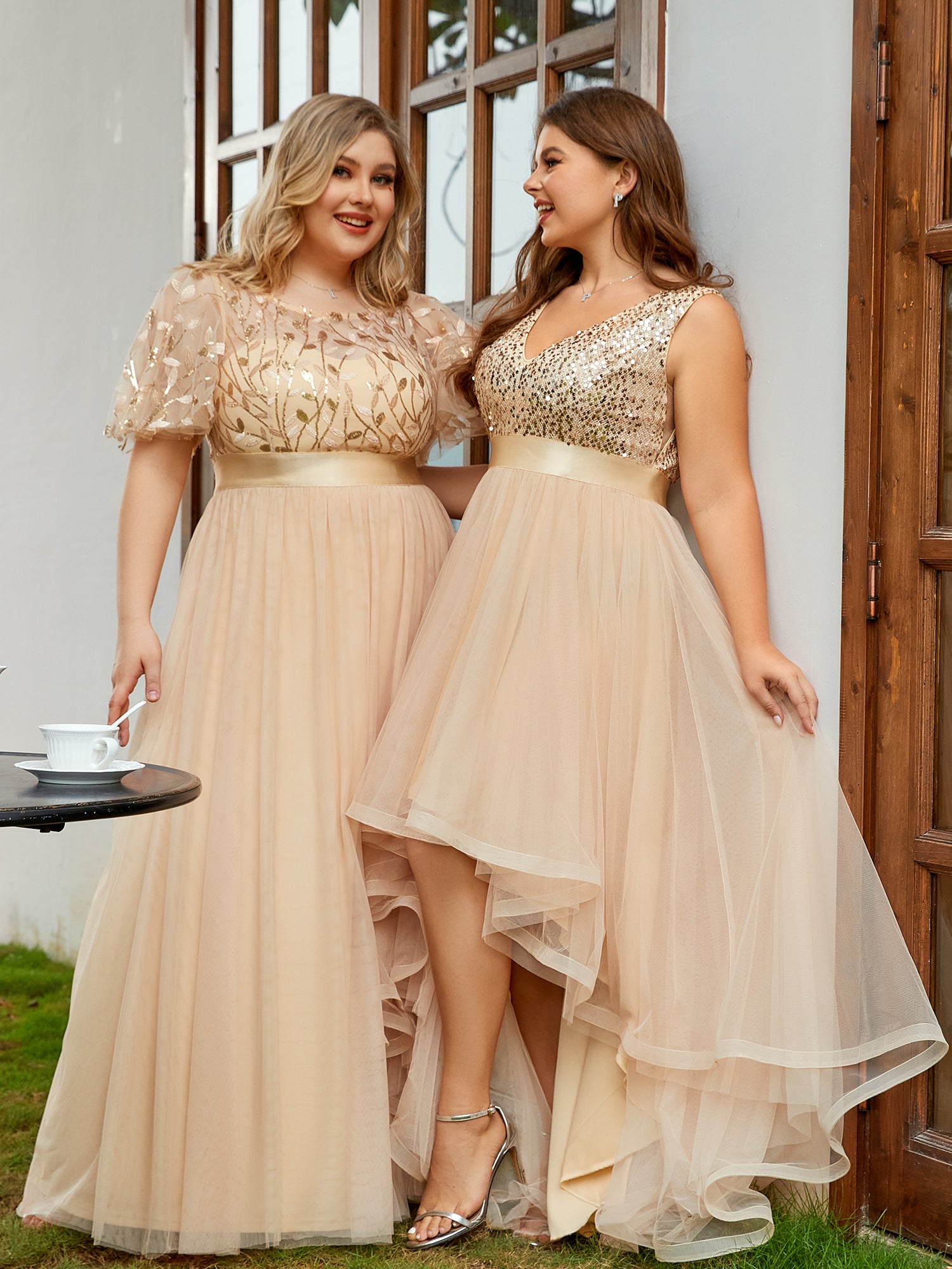 Color=Gold | Sequin Print Plus Size Wholesale Evening Dresses With Cap Sleeve-Gold 1